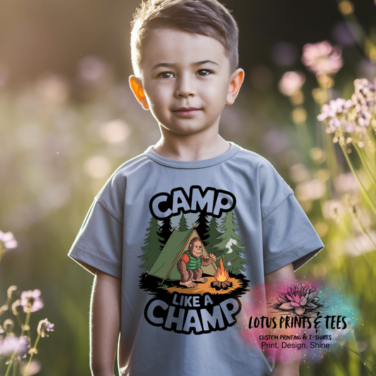 Camp Like a Champ – Tent & Fire Custom Graphic Top