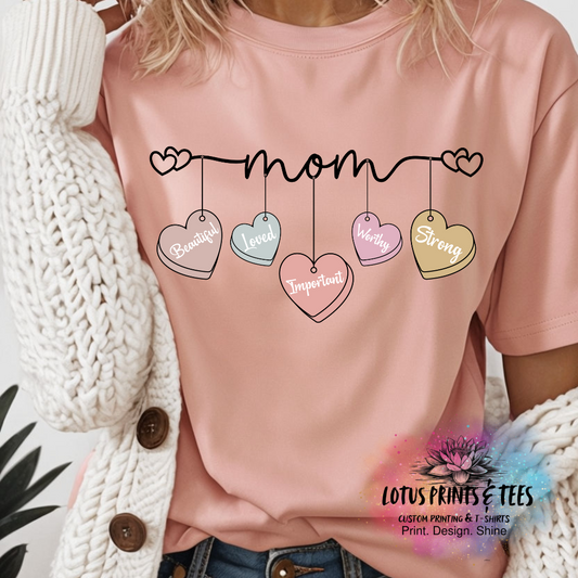MOM HANGING HEARTS Custom Graphic Top