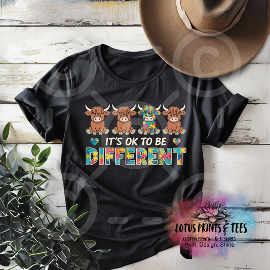 Be Different Highland Cow Autism Awareness Custom Graphic Top