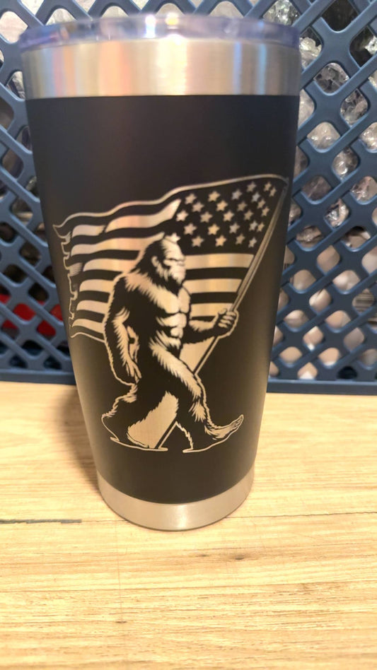 Bigfoot With A Flag 20oz Laser Engraved Tumbler